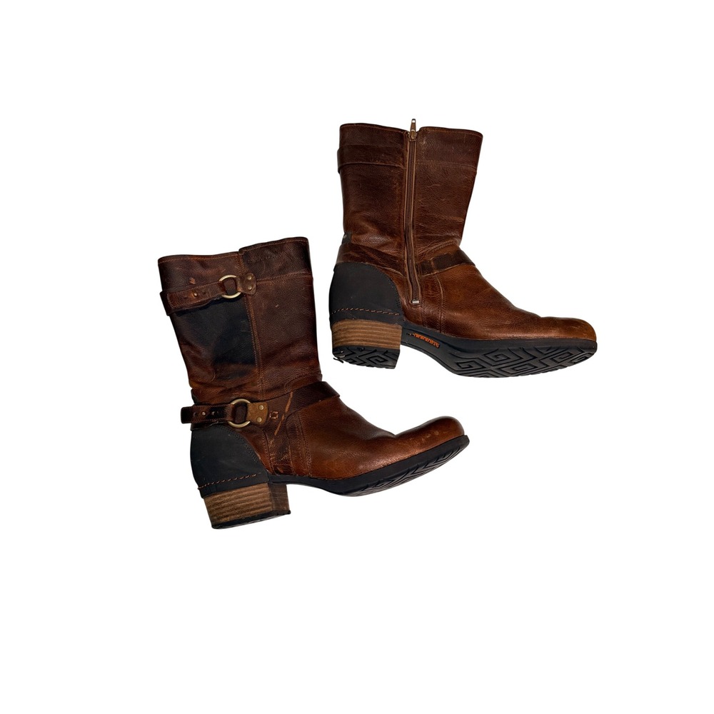 Merrell Oak Brown Leather Harness Mid Calf Boots Wmns 10.5 Brass boho bike - Picture 2 of 9